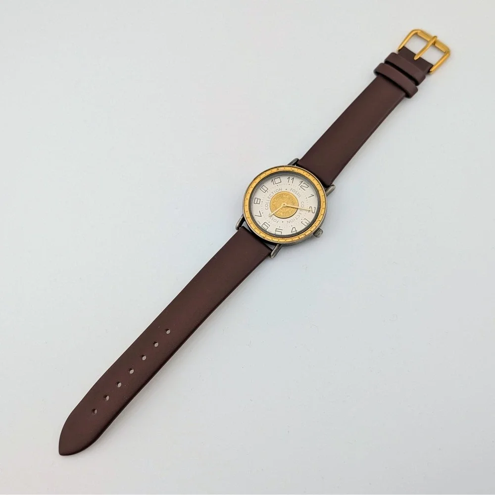 1980s Vintage Fossil Collection Quartz Watch Gold Medallion Dial Leather 36mm